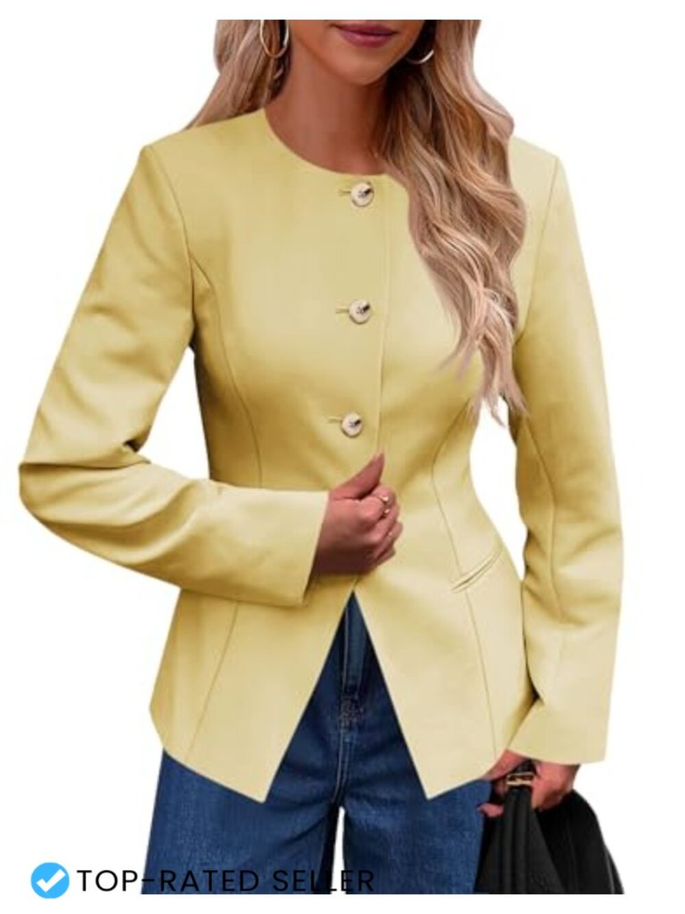 Cicy Bell Women's Fitted Collarless Blazer Button Down Split Hem Work Suit